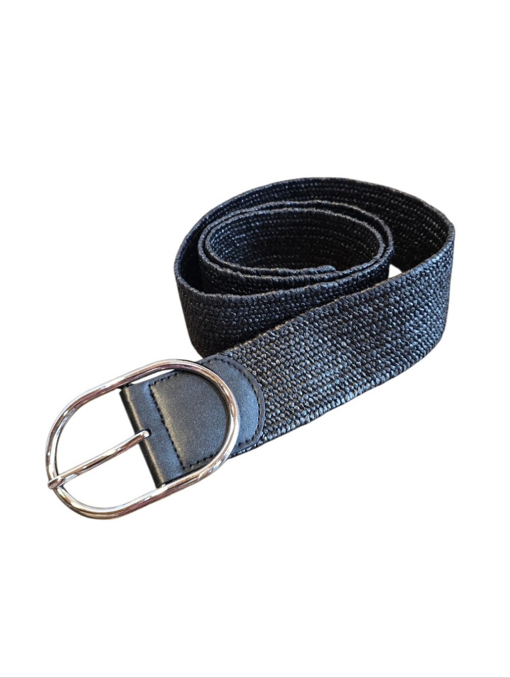 Black Raffia Stretch Silvertone Buckle Adjustable Belt